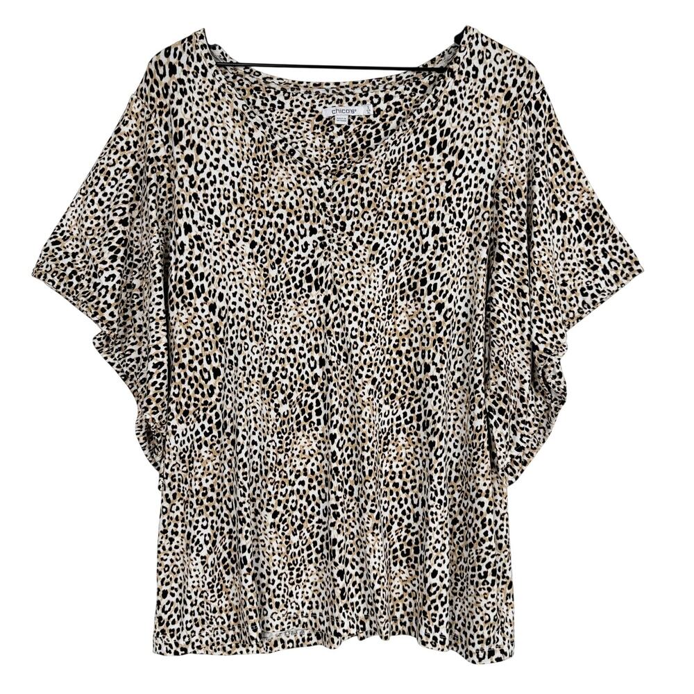 Chico's Leopard Print Stretchy Blouse Top Beige Bat Wing V-Neck - Size 3 XL